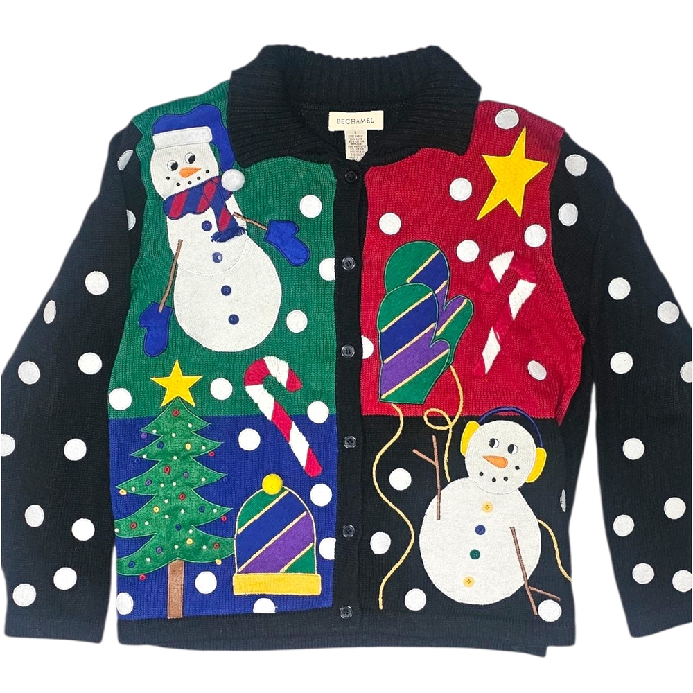 Vintage Snowman Holiday Cardigan Ugly Christmas Sweater L Winter Cotton Holiday